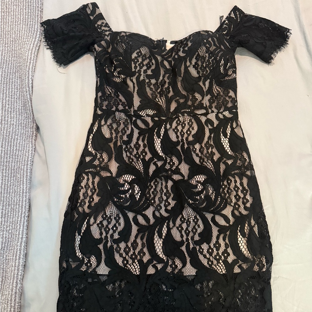 Black and tan off the shoulder lace dress